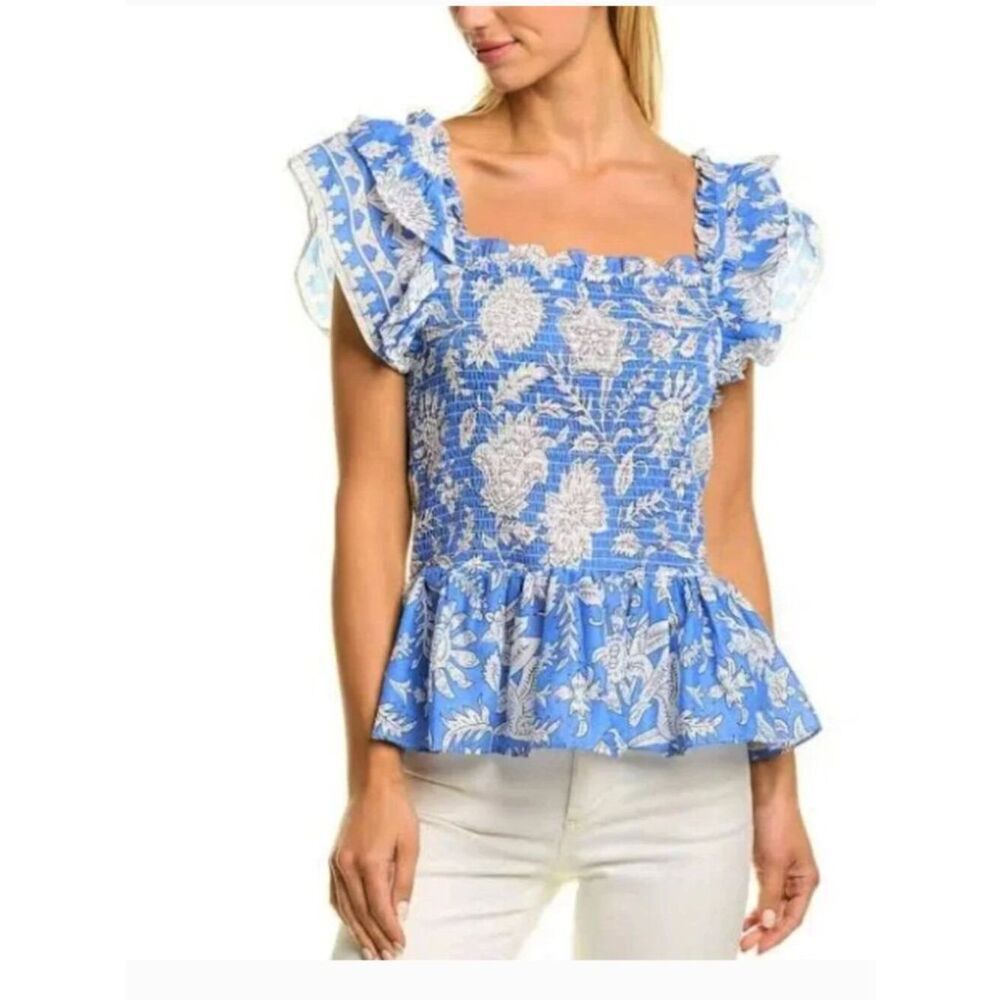Jennifer & Grace Blue Floral Print Peplum Ruffle Sleeves Smock Blouse Top
